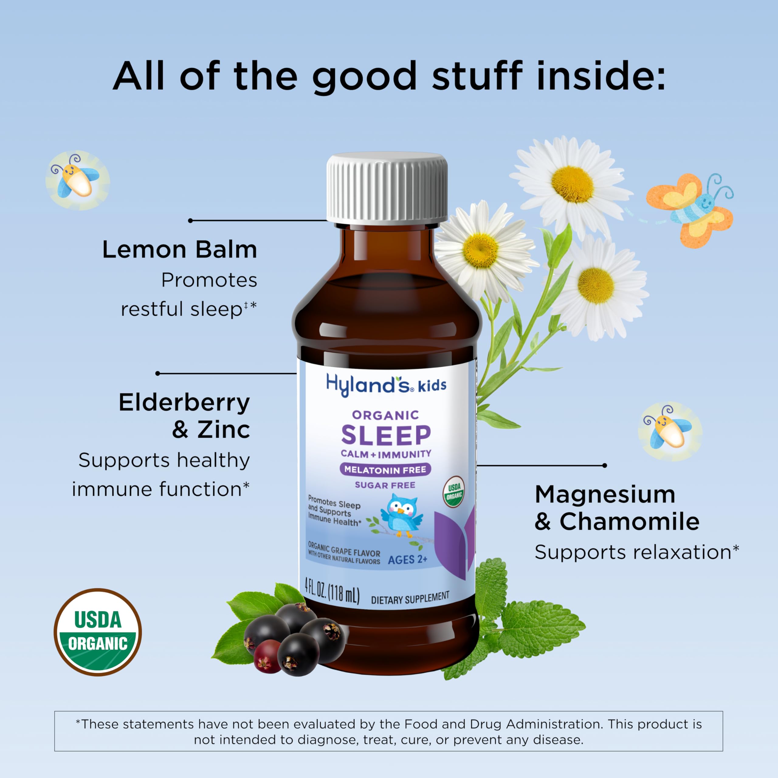 Hyland's Kids Melatonin-Free Organic Sleep Calm & Immunity Liquid, Sugar-Free with Magnesium, Vitamin D, Zinc & Elderberry, Promotes Sleep & Supports Immune Health, Ages 2+, Grape Flavor, 4 Fl. Oz. - Image 3