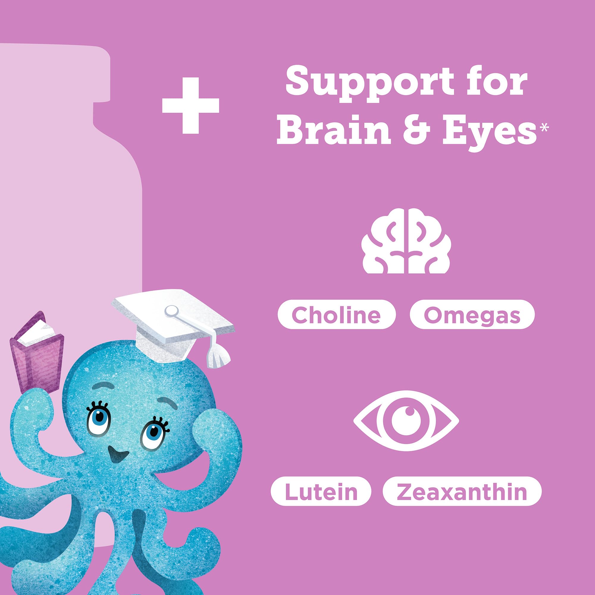 Hyland's Kids Multivitamin + Brain & Eye Health, Sugar Free Natural Mixed Berry Flavored Gummies with Choline, Lutein & Omegas, 60ct Bottle - Image 4